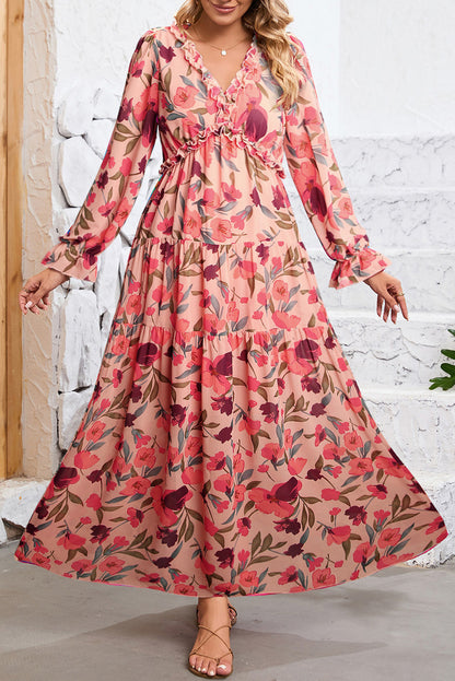 Multicolor Floral Print Ruffle Trim Plunge Neckline Maxi Dress