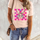 Pink Easter Rabbit Checkered Flower Graphic O Neck T Shirt