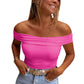 Bright Pink Solid Color Folded Off Shoulder Slim Shirt