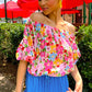 Red Floral Print Puff Sleeve Pleated Elastic Neckline Blouse