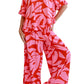 Strawberry Pink Abstract Print Ruffle Hem Tee and Wide Leg Pants Set