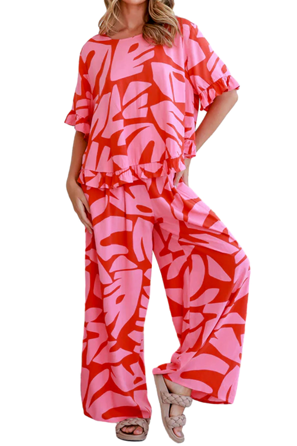 Strawberry Pink Abstract Print Ruffle Hem Tee and Wide Leg Pants Set