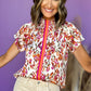 Rose Red Frilled Shirred Neck Abstract Print Blouse