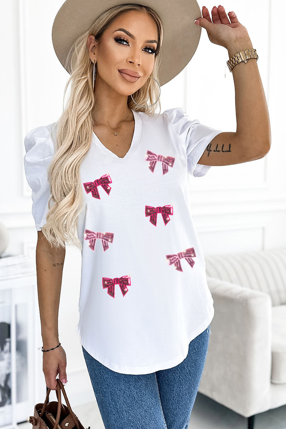 White Sequin Bow Patched Graphic Puff Sleeve T Shirt