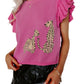 Pink Leopard Ruffled Sleeve Round Neck Knit T-shirt