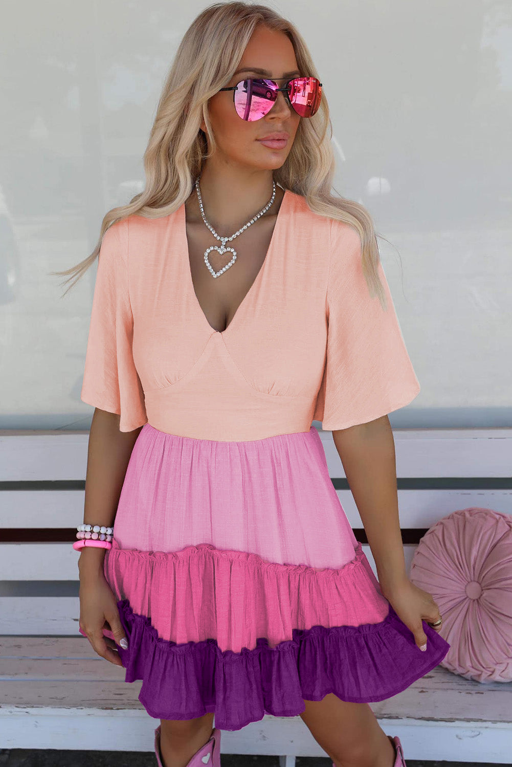 Pink Ombre Colorblock V Neck Tiered Short Dress