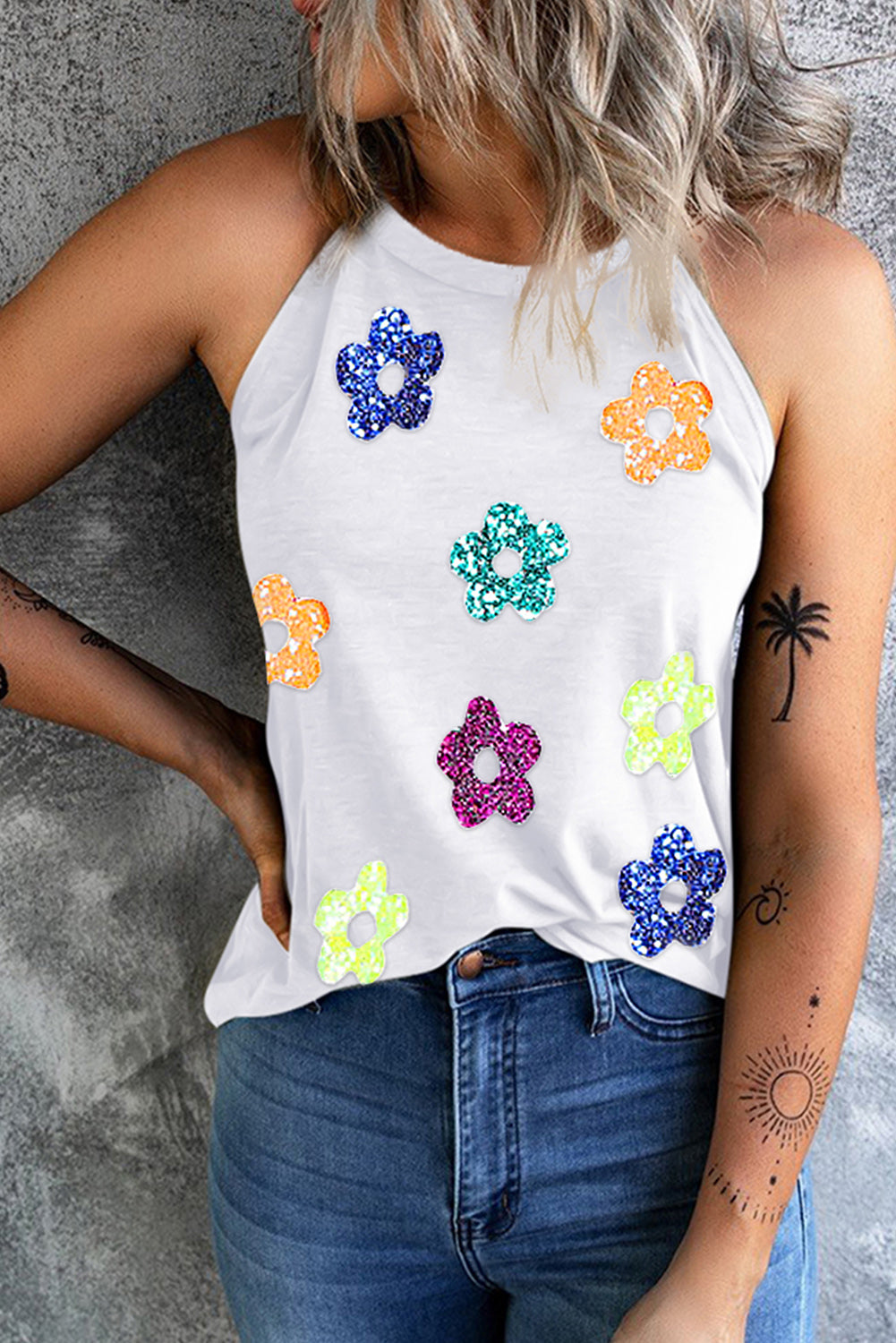 White Sequin Flower Patch Graphic Tank Top