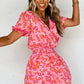 Pink Floral V Neck Short Ruffle Tiered Dress