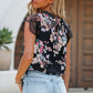 Black Dainty Floral Print Lace Sleeve Stand Neck Blouse