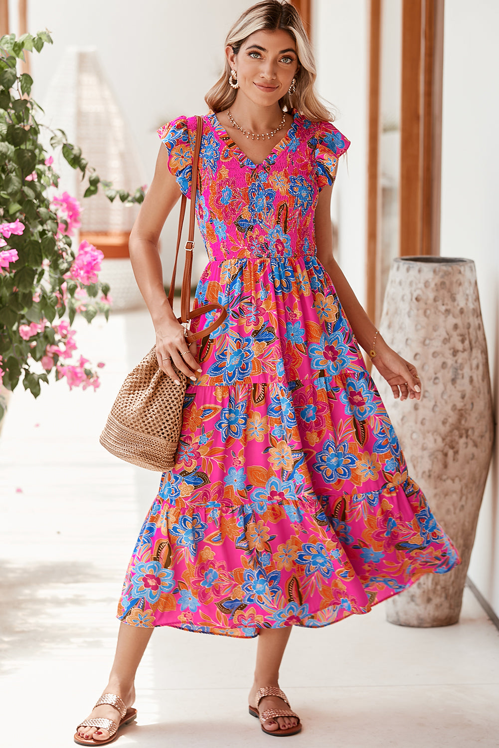 Rose Red Boho Floral V Neck Ruffle Tiered Long Dress