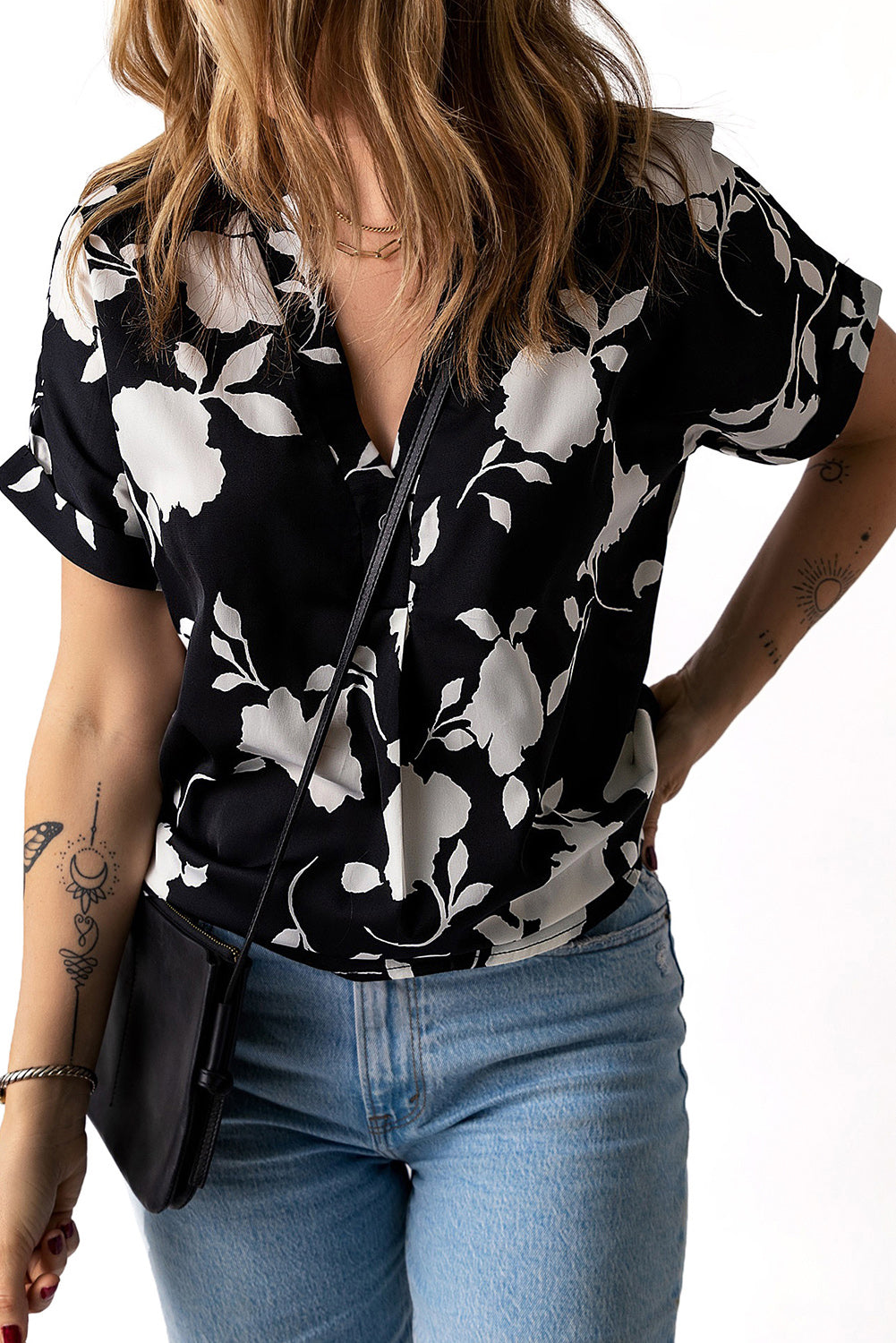 Black Floral Print Casual Roll Up Sleeve Blouse