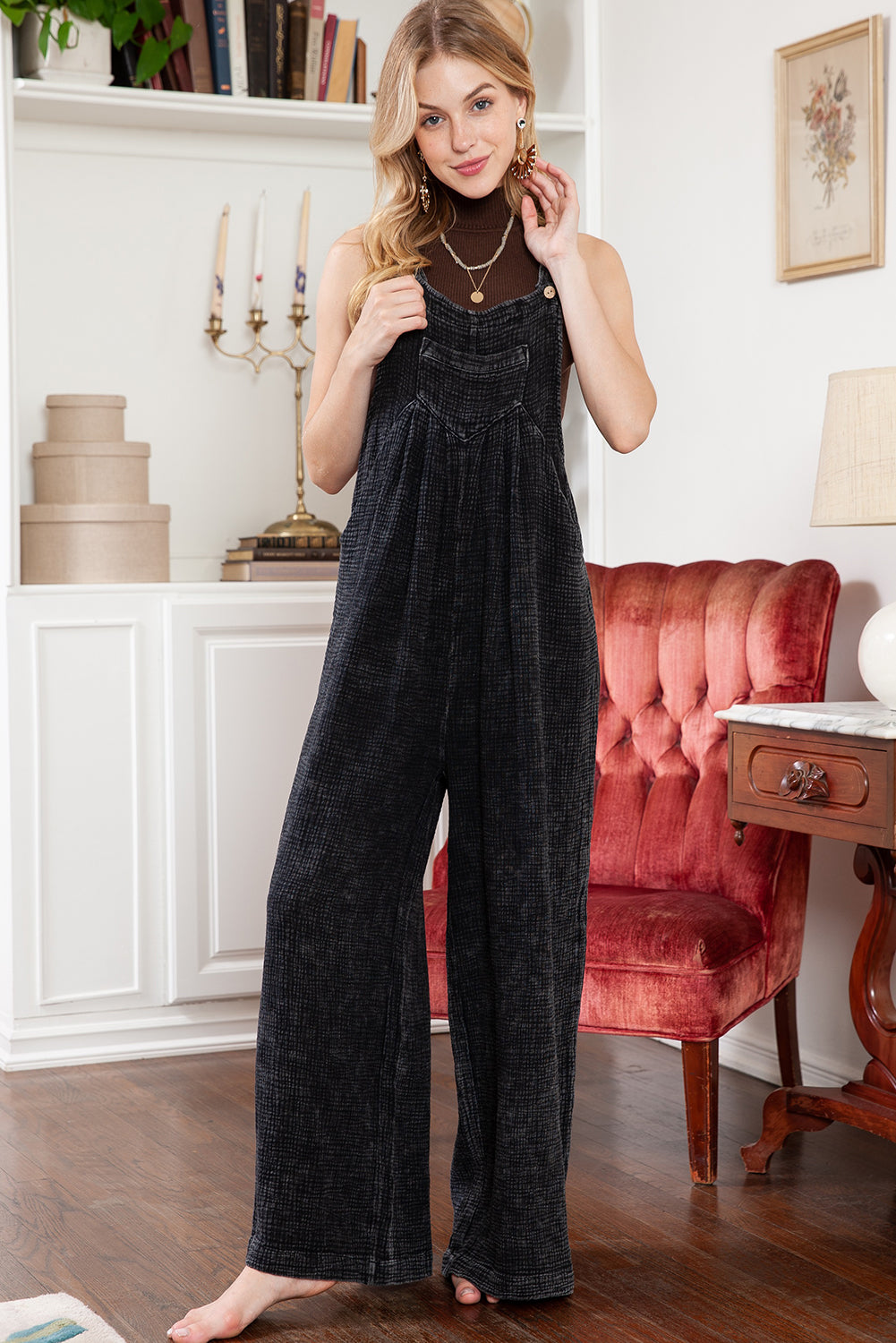 Black Crinkle Loose Fit Wide Leg Jumpsuit