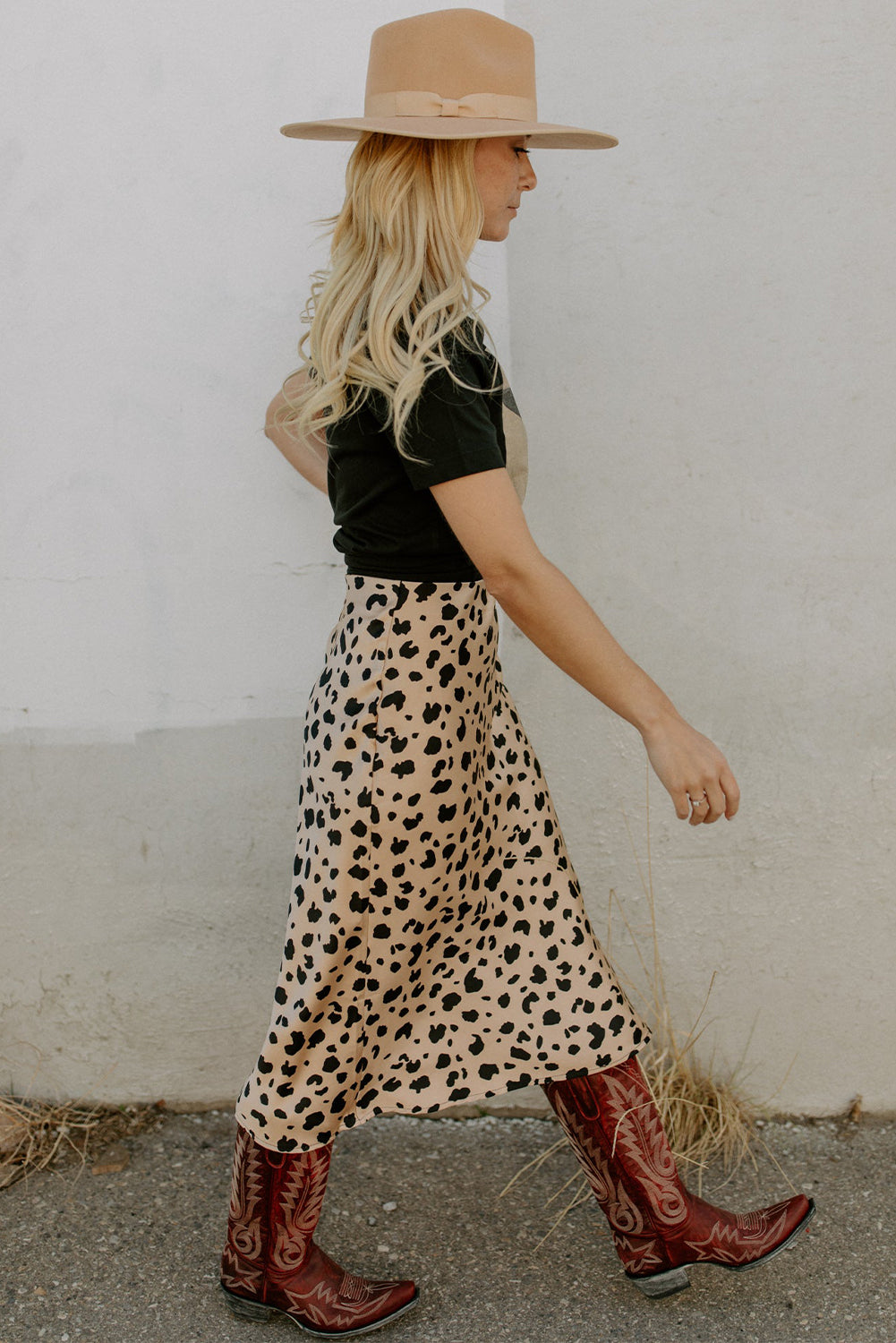 Beige Leopard Spots Print Side Split Midi Skirt