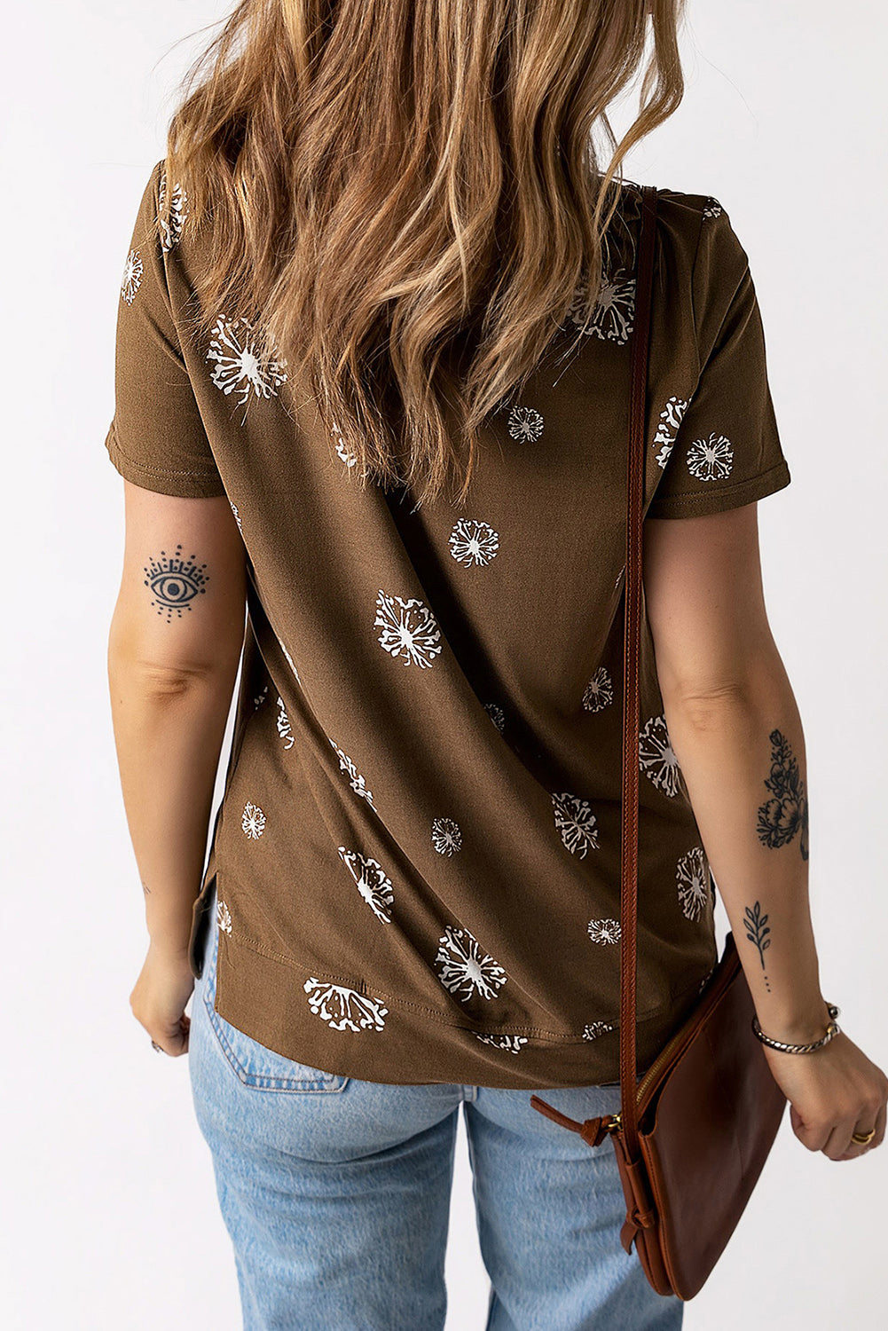 Brown Dandelion Print Casual Crew Neck T-shirt