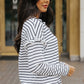 Black and White Striped Snap Button Ruffle Trim Long Sleeve Top