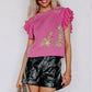 Pink Leopard Ruffled Sleeve Round Neck Knit T-shirt