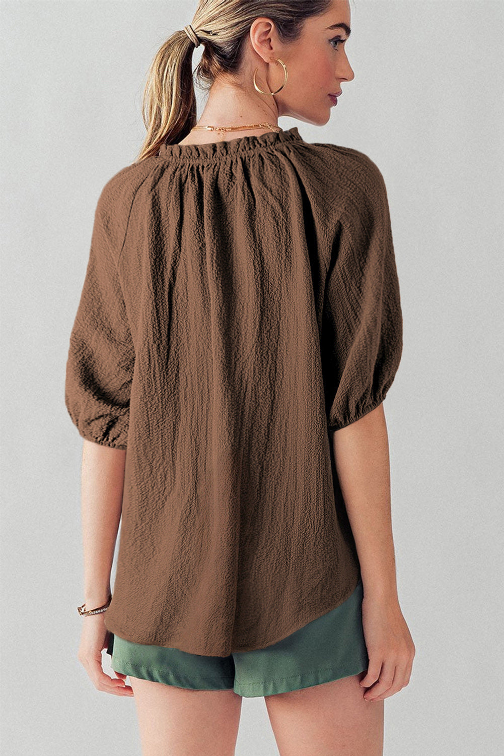 Chicory Coffee Frill Split Neck Puff Sleeve Crinkle Blouse