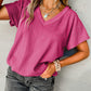 Apricot Plain Crinkled V Neck Short Sleeve Blouse