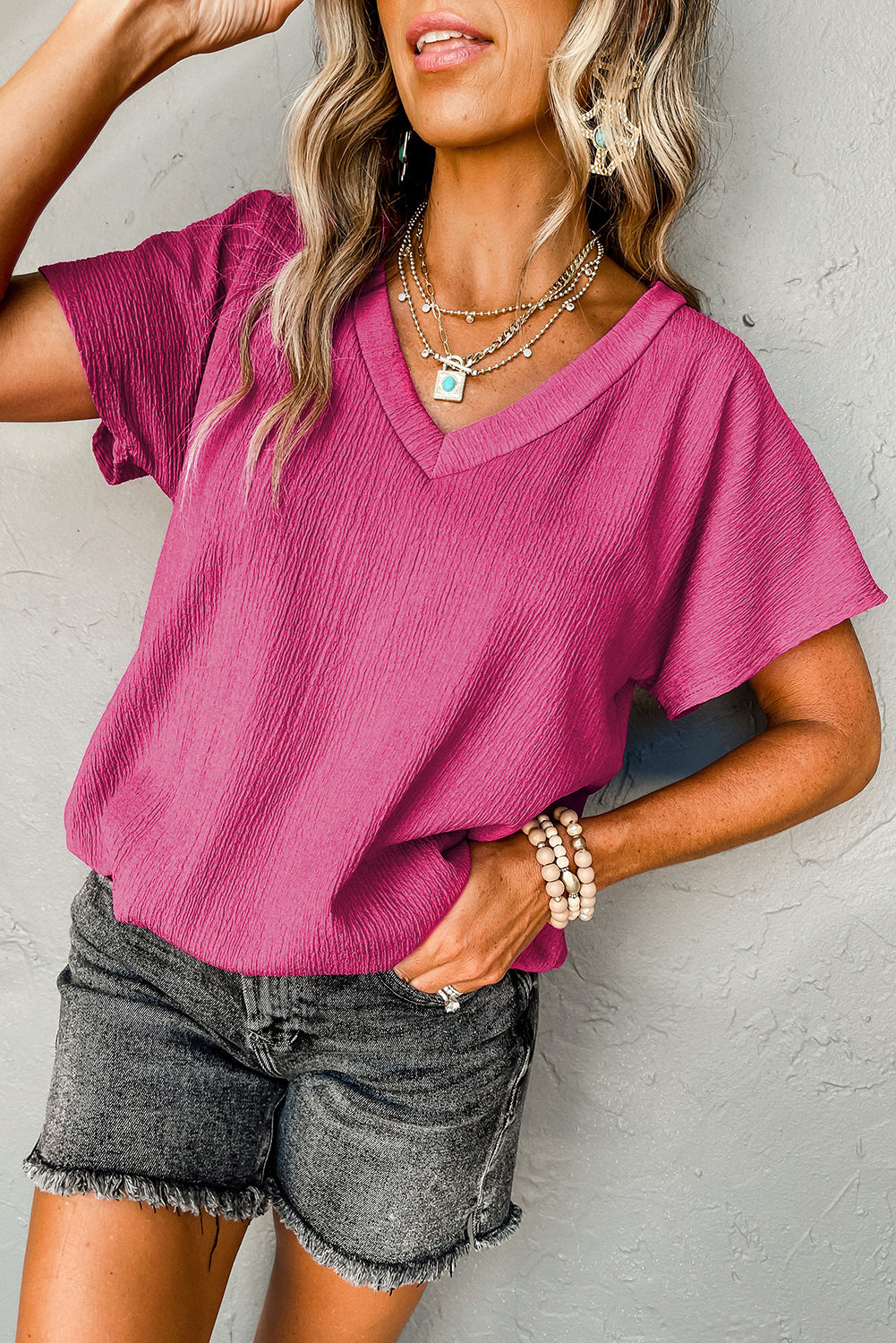 Apricot Plain Crinkled V Neck Short Sleeve Blouse