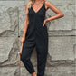 Black Textured Sleeveless V-Neck Pocketed Casual Jumpsuit