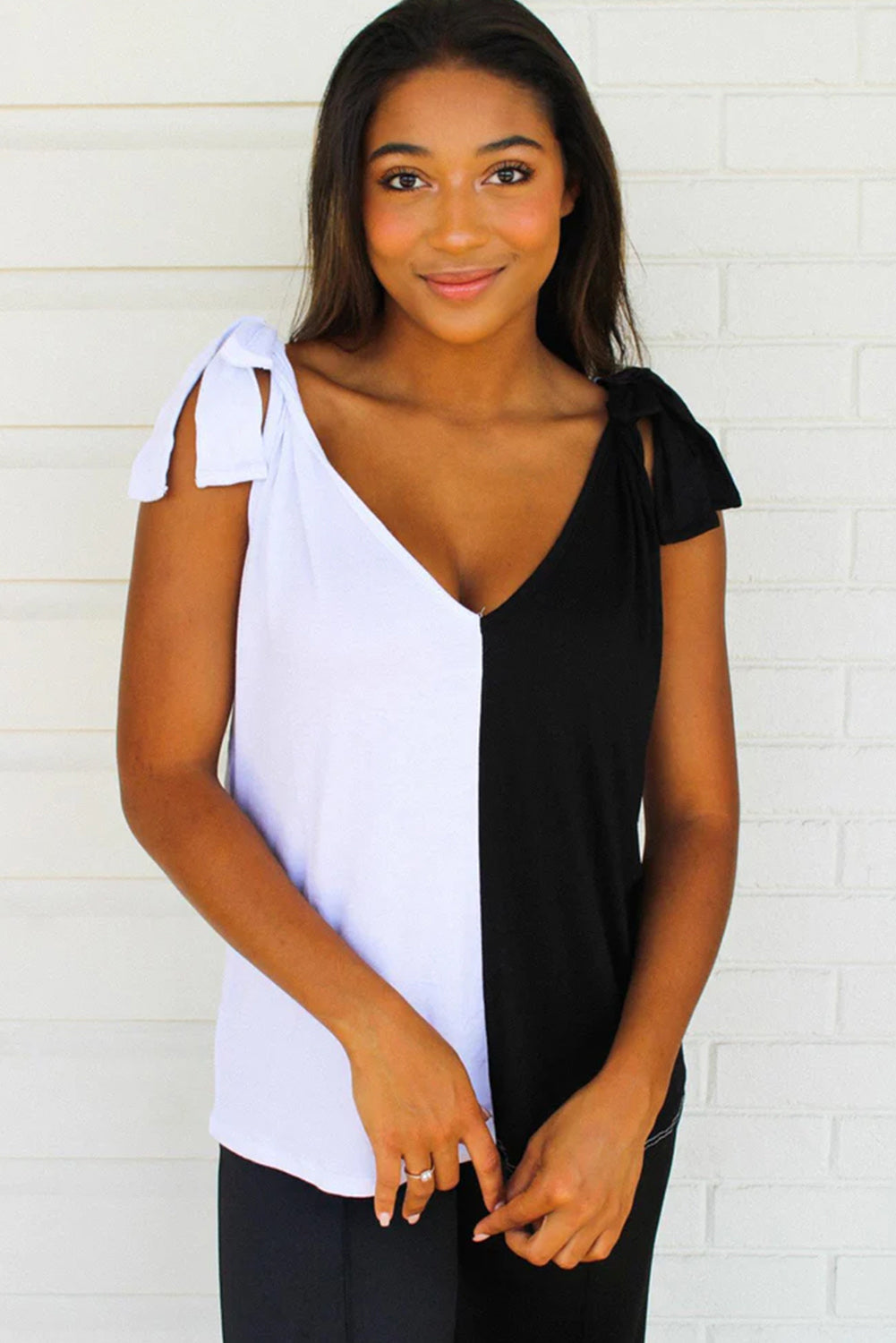 Black & White Patchwork Knotted V-Neck Tank Top