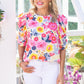 Red Ruched Puff Sleeve Floral Blouse