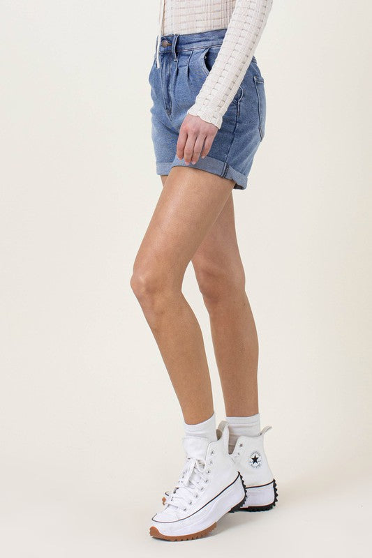 Denim Shorts with Pin Tuck Detail