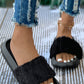 Black Comfy Plush Band Open Toe Flat Slippers