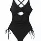 Black Ribbed Sexy Cutout One Piece Swimsuit