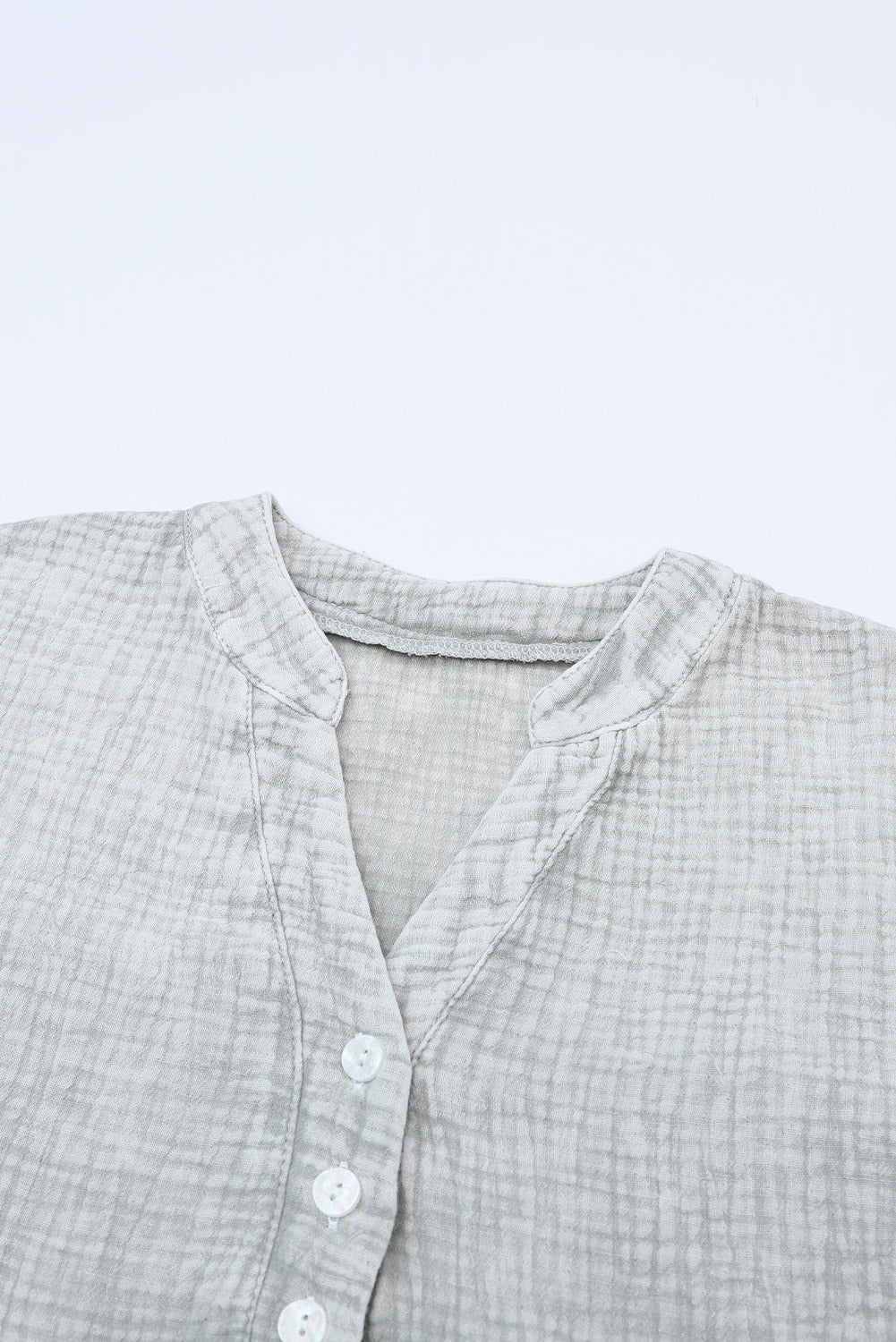 Gray Loose Crinkle Button V Neck Henley Top