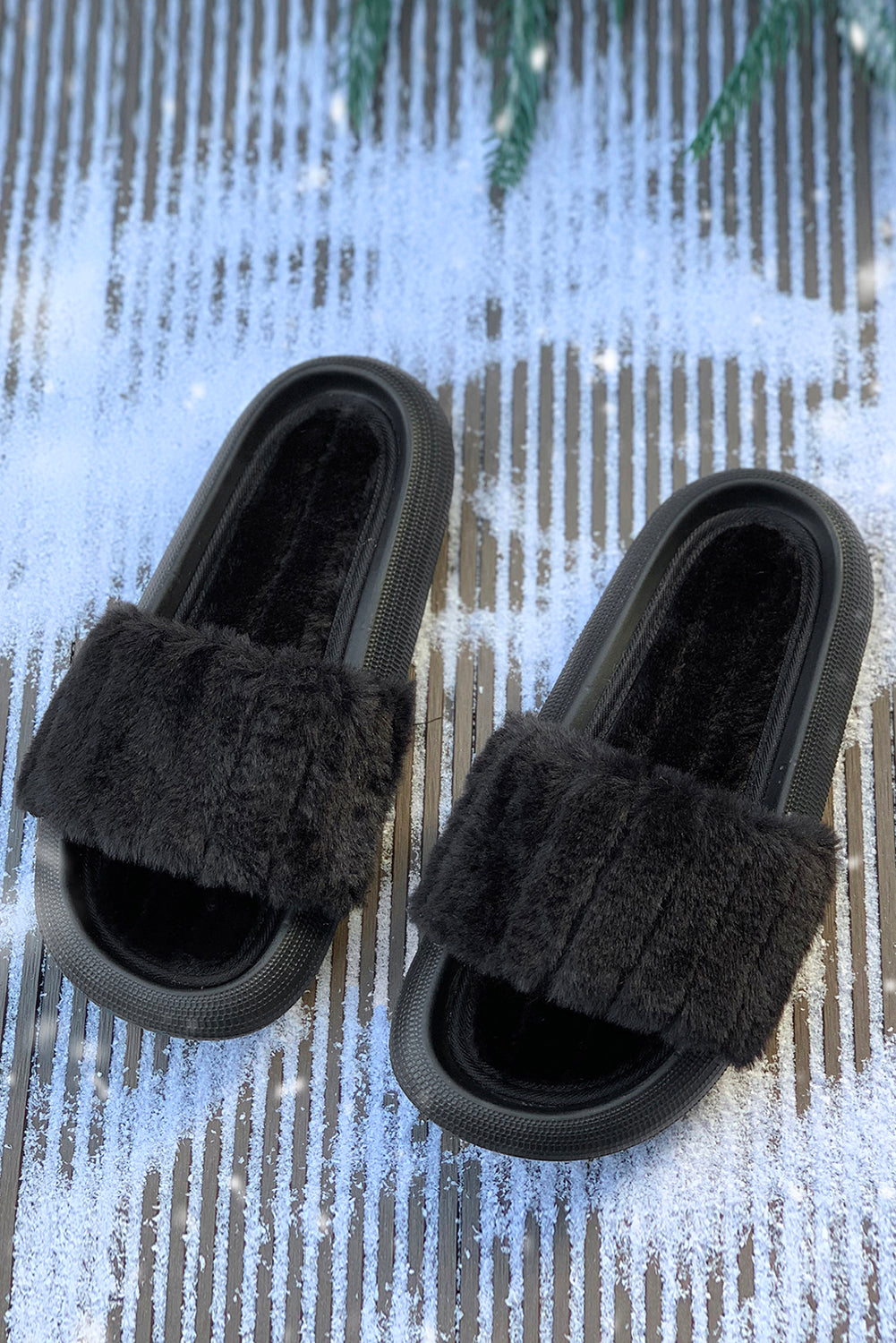 Black Comfy Plush Band Open Toe Flat Slippers