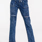 Dark Blue Casual Gather Round Distressed Pocketed Jeans