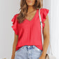 Red Solid V Neck Ruffle Sleeve Loose Top