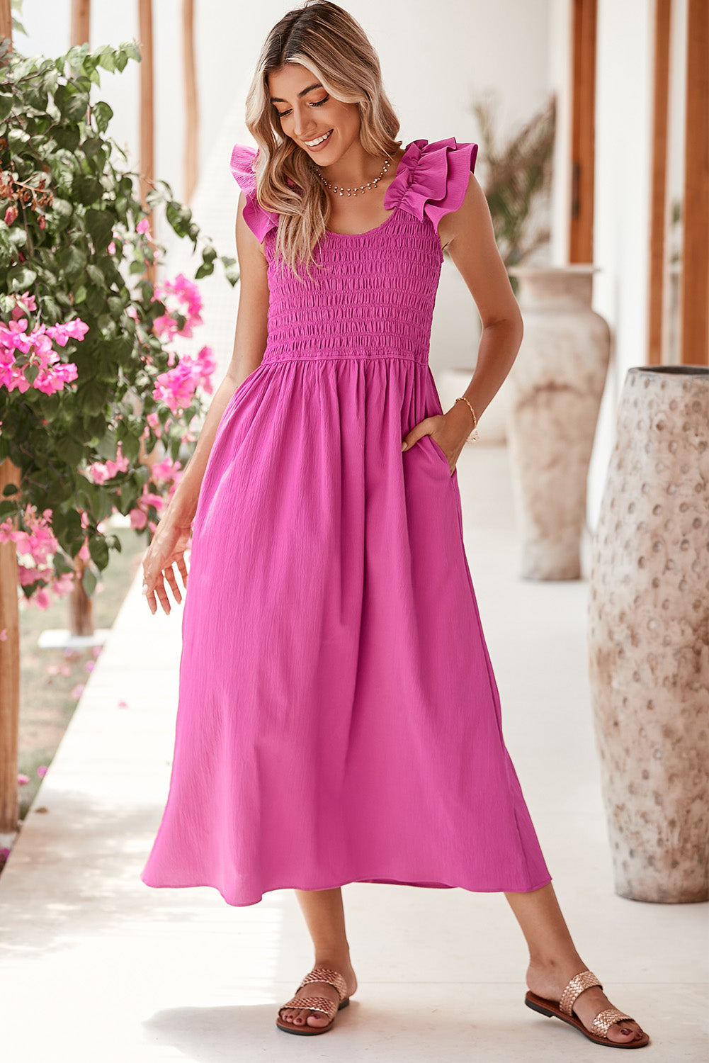 Rose Red Crinkled Ruffle Strap Smocked Maxi Dress