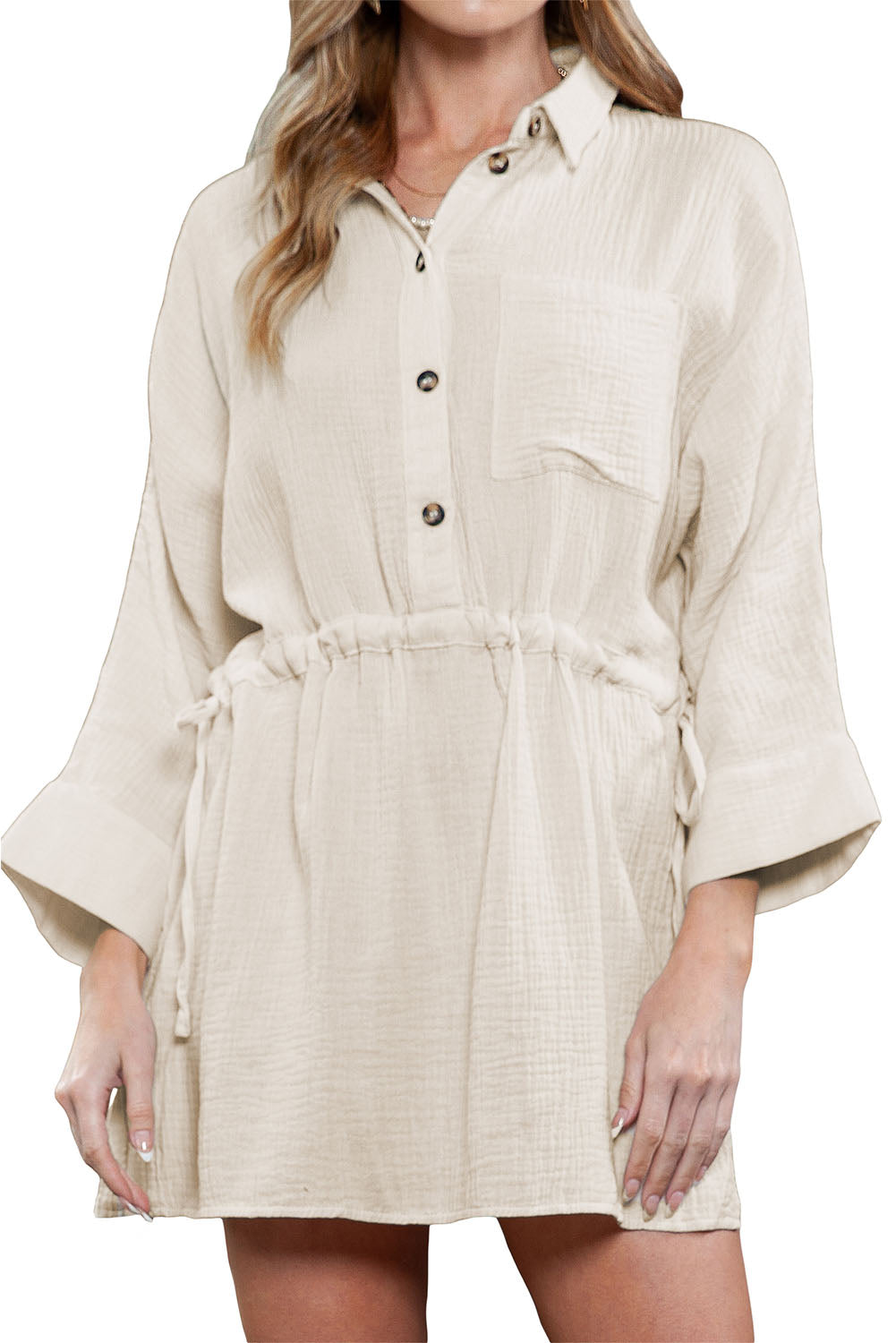 Beige Cotton Solid Color Buttoned Closure Long Sleeve Casual Dress