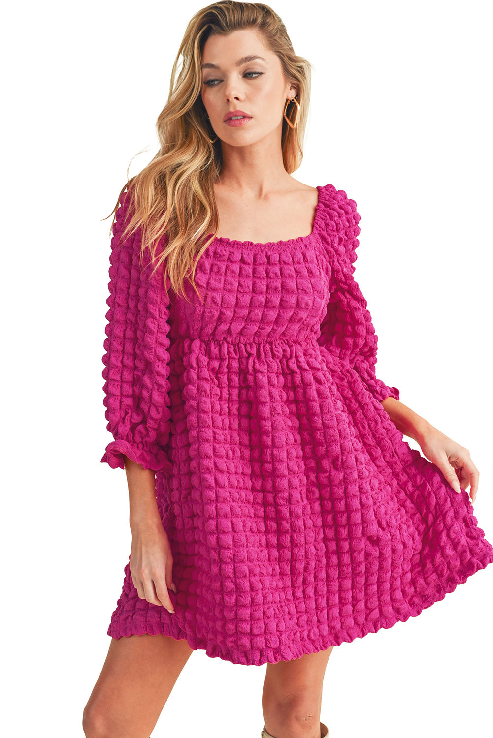 Strawberry Pink Bubble Textured Square Neck Babydoll Dress
