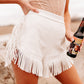 White Fringe Trim Fit Flare Shorts