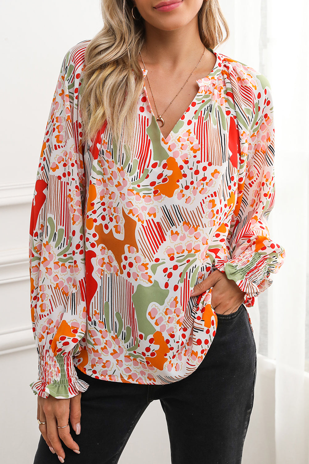 Orange Boho Floral Print Shirred Cuffs Blouse