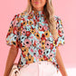 White Frilled Floral Print Puff Sleeve Mock Neck Blouse