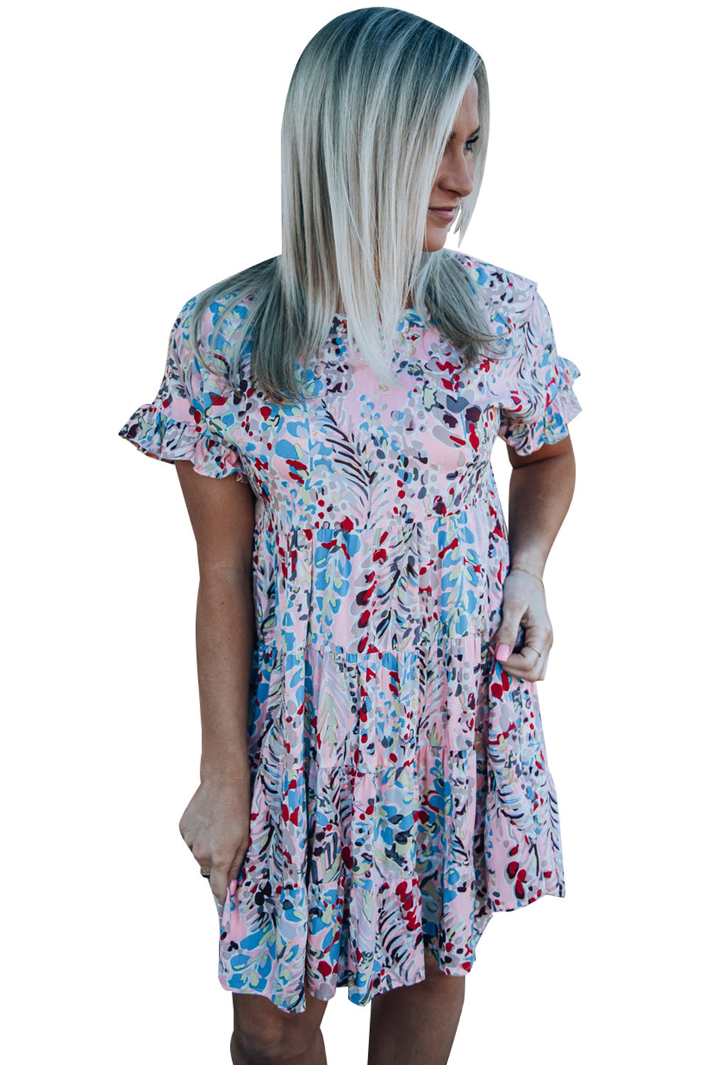 Pink Abstract Print Boho Tiered Ruffled Short Dress