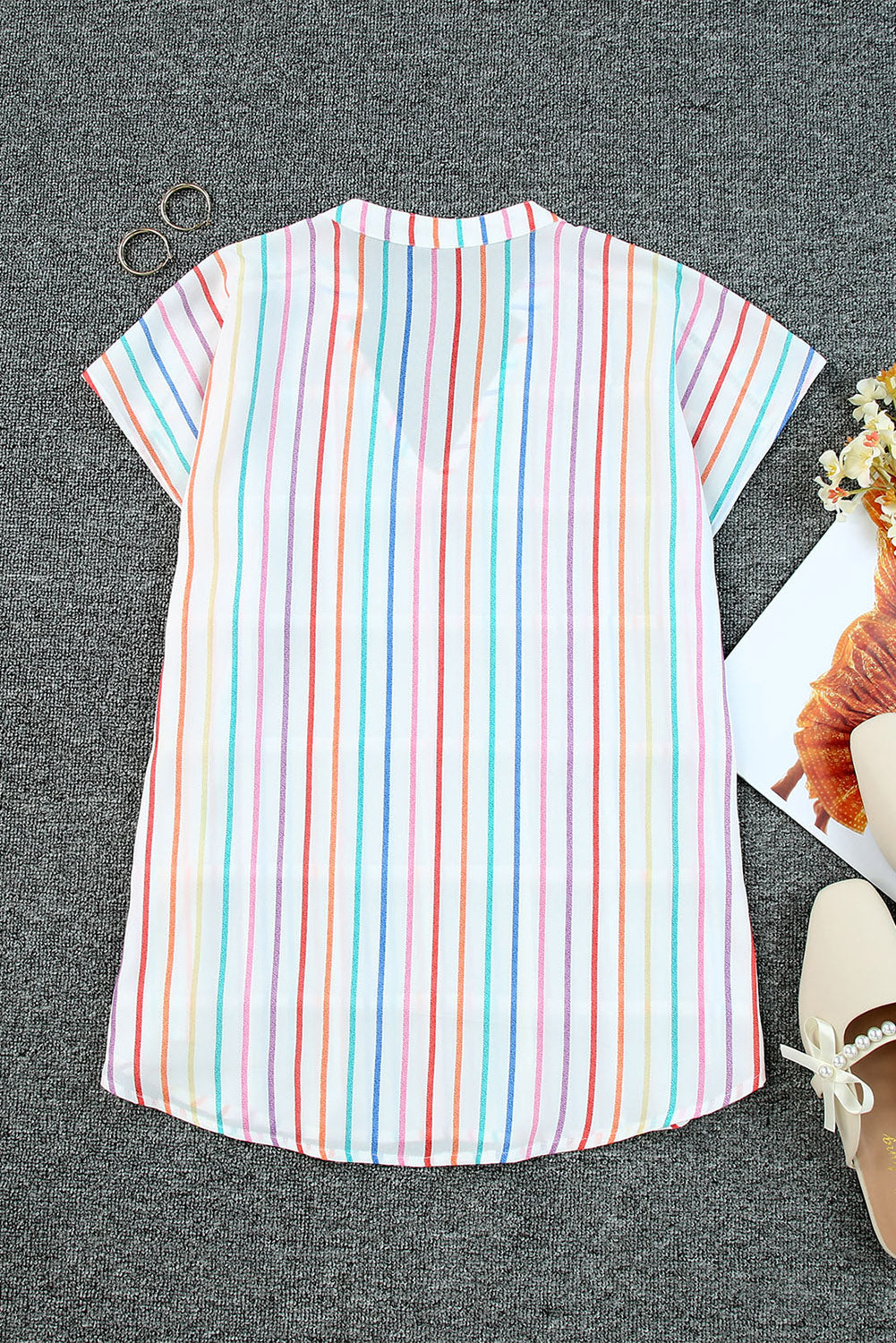 Multicolor Striped Short Sleeve Blouse for Women