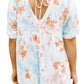 White Tie Dye Boho Flowy Lace Up V Neck Top