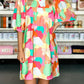 Multicolor Abstract Print Notch V Neck Boho Puff Sleeve Dress