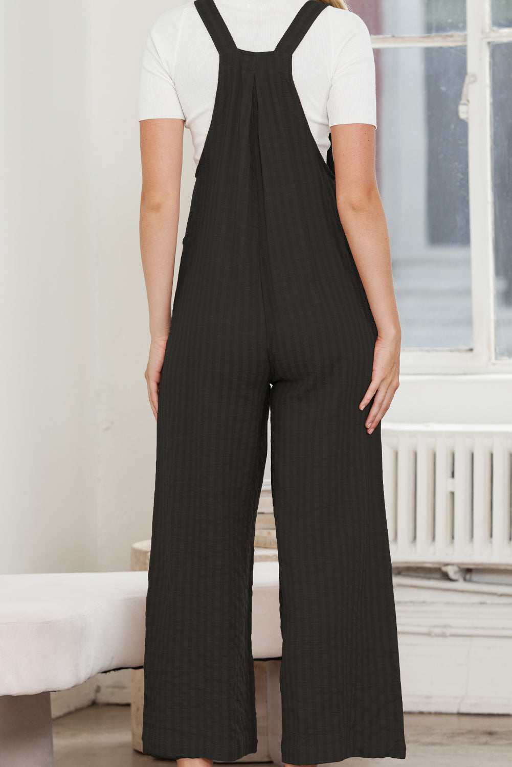 Brown Striped Pleated Pockets Wide Leg Jumpsuit
