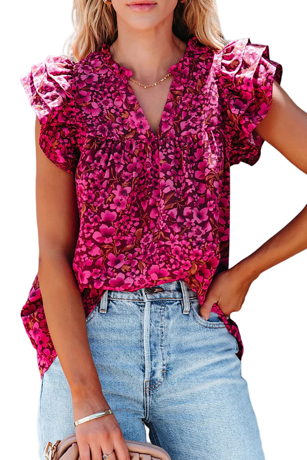 Rose Floral Print Tiered Ruffle Sleeve V Neck Boho Top