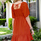 Orange Smocked Square Neck Flutter Sleeve Pocket Dress