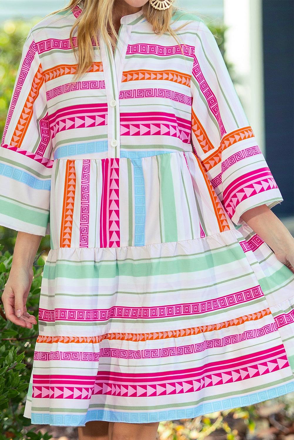 Multicolour Geometric Pattern Ruffle Tiered Mini Dress