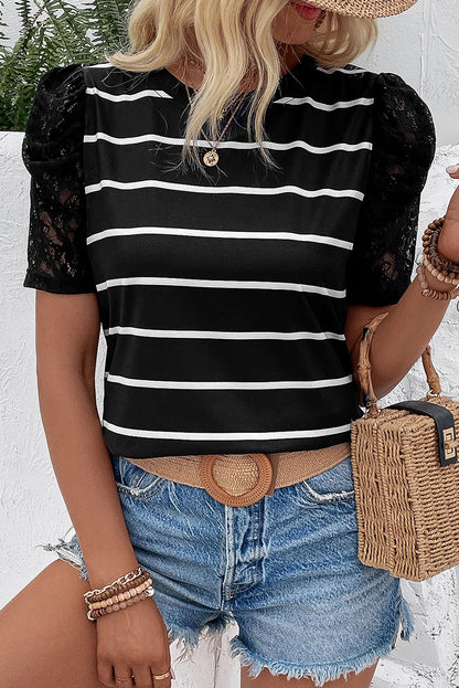 Black Stripe Lace Sleeve Patchwork Round Neck T Shirt