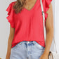 Red Solid V Neck Ruffle Sleeve Loose Top