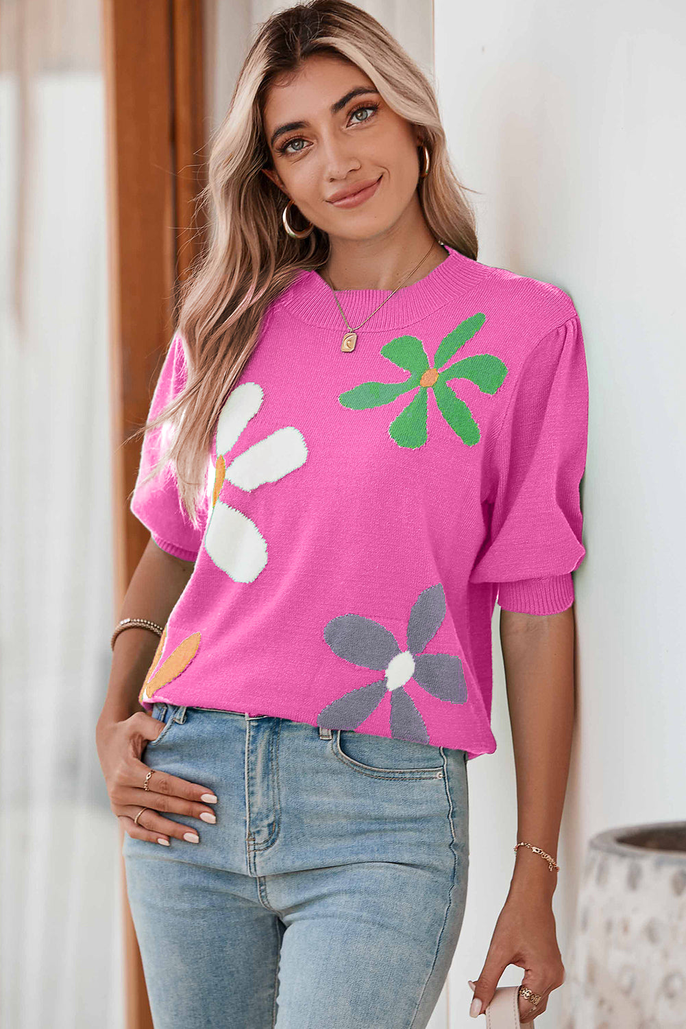 Bright Pink Floral Print Bubble Short Sleeve Knitted Top